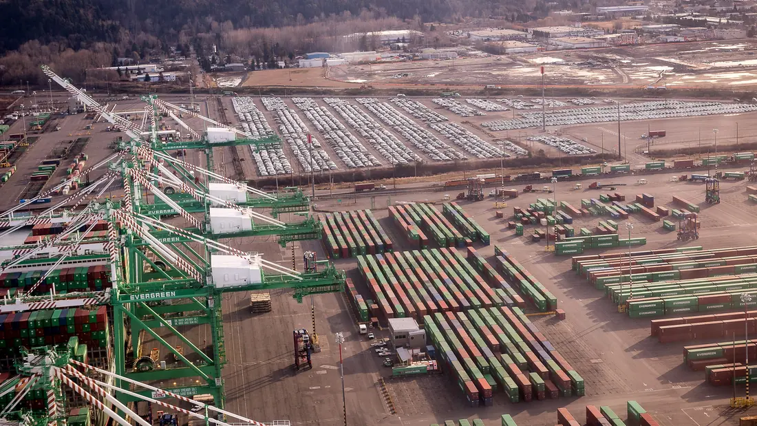 Containers and cranes at a shipping port