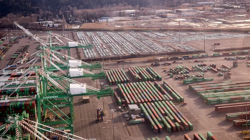 Containers and cranes at a shipping port