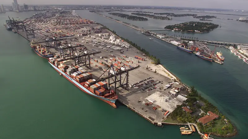 An aerial view of container stacks and cranes at the Port of Miami